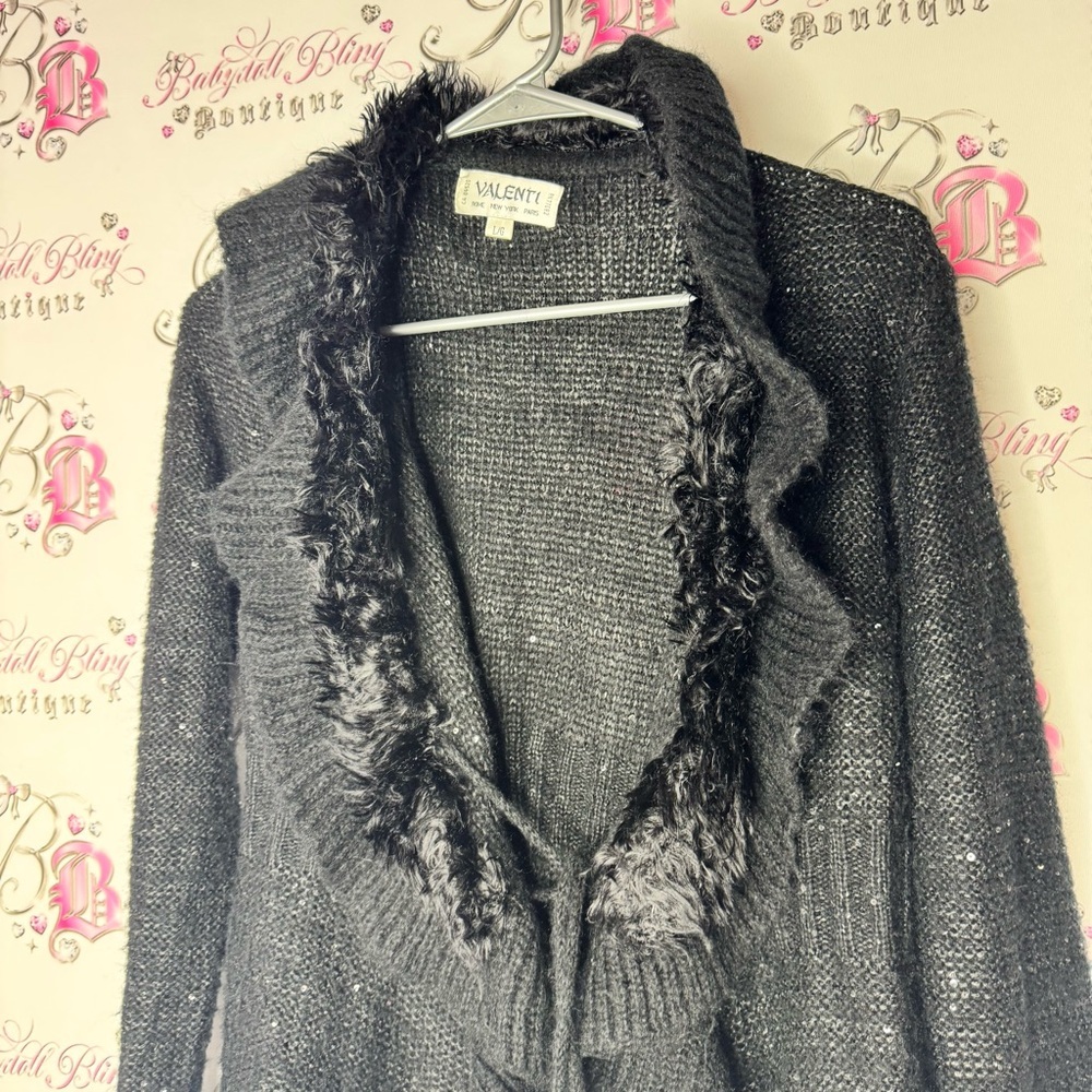 Valenti cardigan sequins sparkly furry fur neckline tie up Black Women's Sweater - Picture 10 of 10